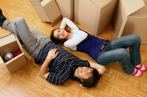 Packed office equipment ready for transport in South London
